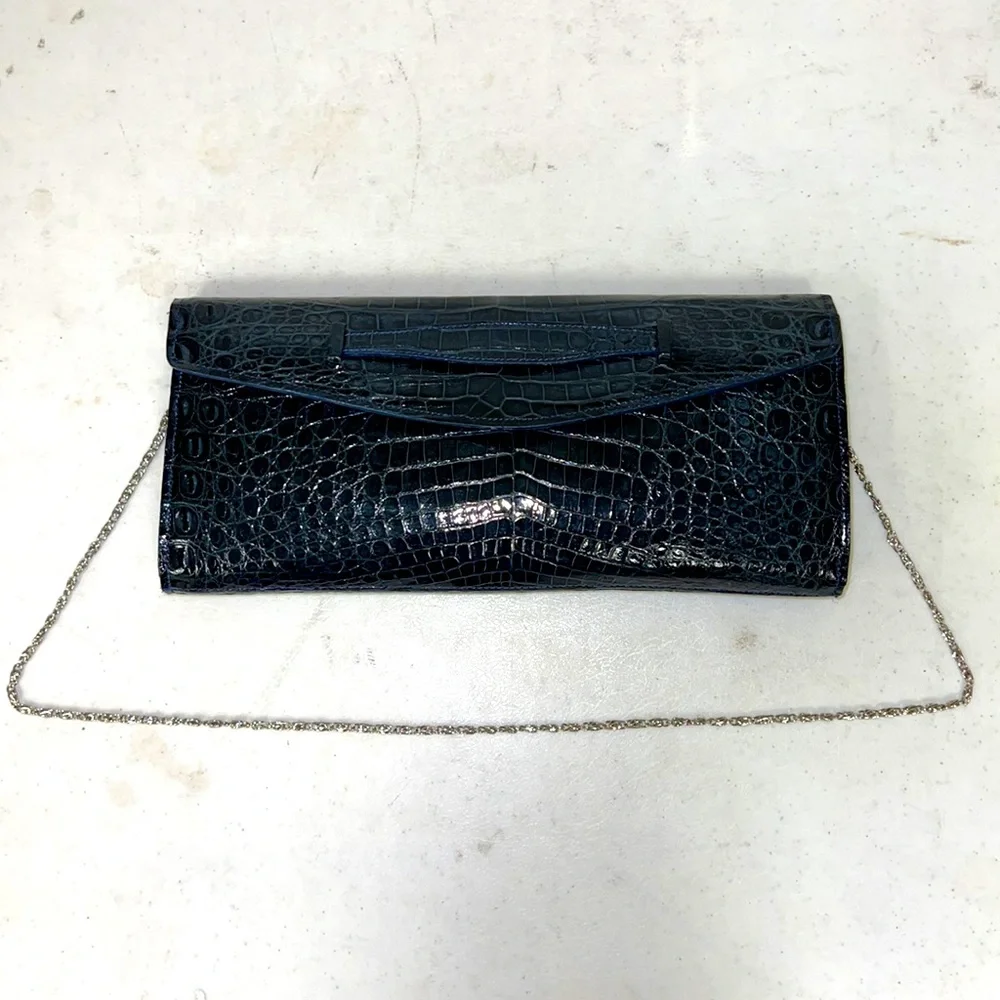 GENUINE ALLIGATOR SKIN LEATHER CLUTCH IN NAVY - Picture 2 of 7